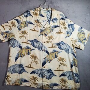 Caribbean Hawaiian Shirt Mens 3XB Beige Blue Palm Trees Silk Blend Tropical Camp